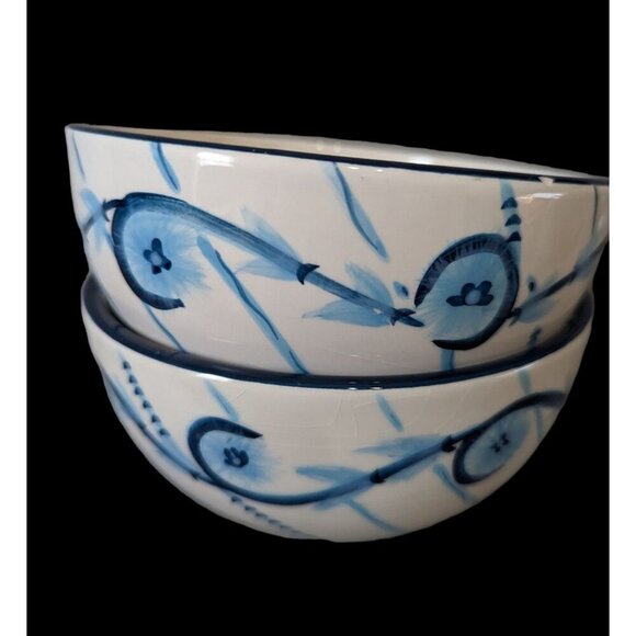 PAULA DEEN simply Savannah soup cereal bowl  set of 2 bowls 6 1/8 in blue white - Picture 1 of 10